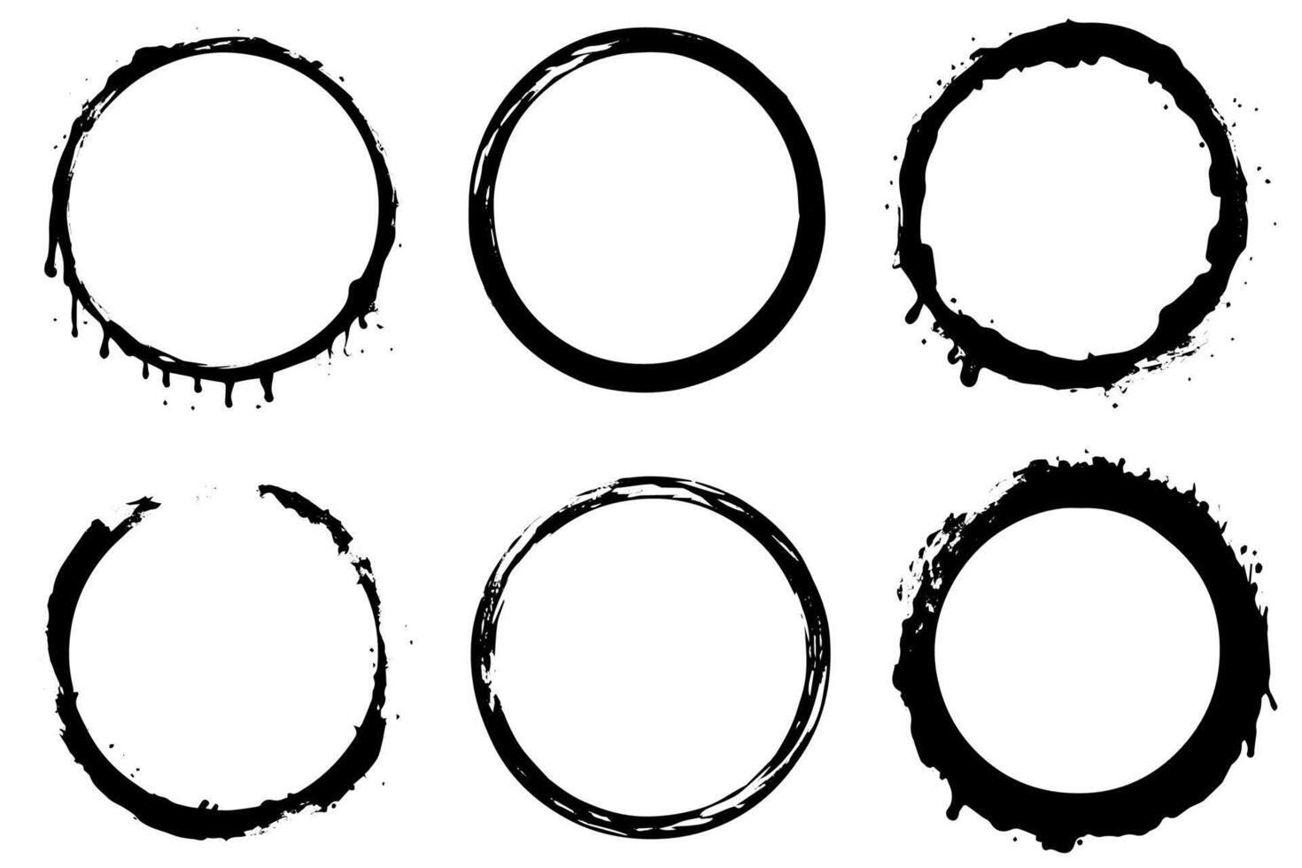 Black shapes of wine circle and coffee ring stains. Dirty splashes and spots Hand drawn tea or ink ring stains on white background. vector