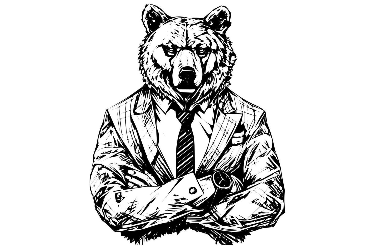 Vintage Hand-Drawn Bear in Businessman Suit Hipster Animal Character Sketch with Typography Design. vector