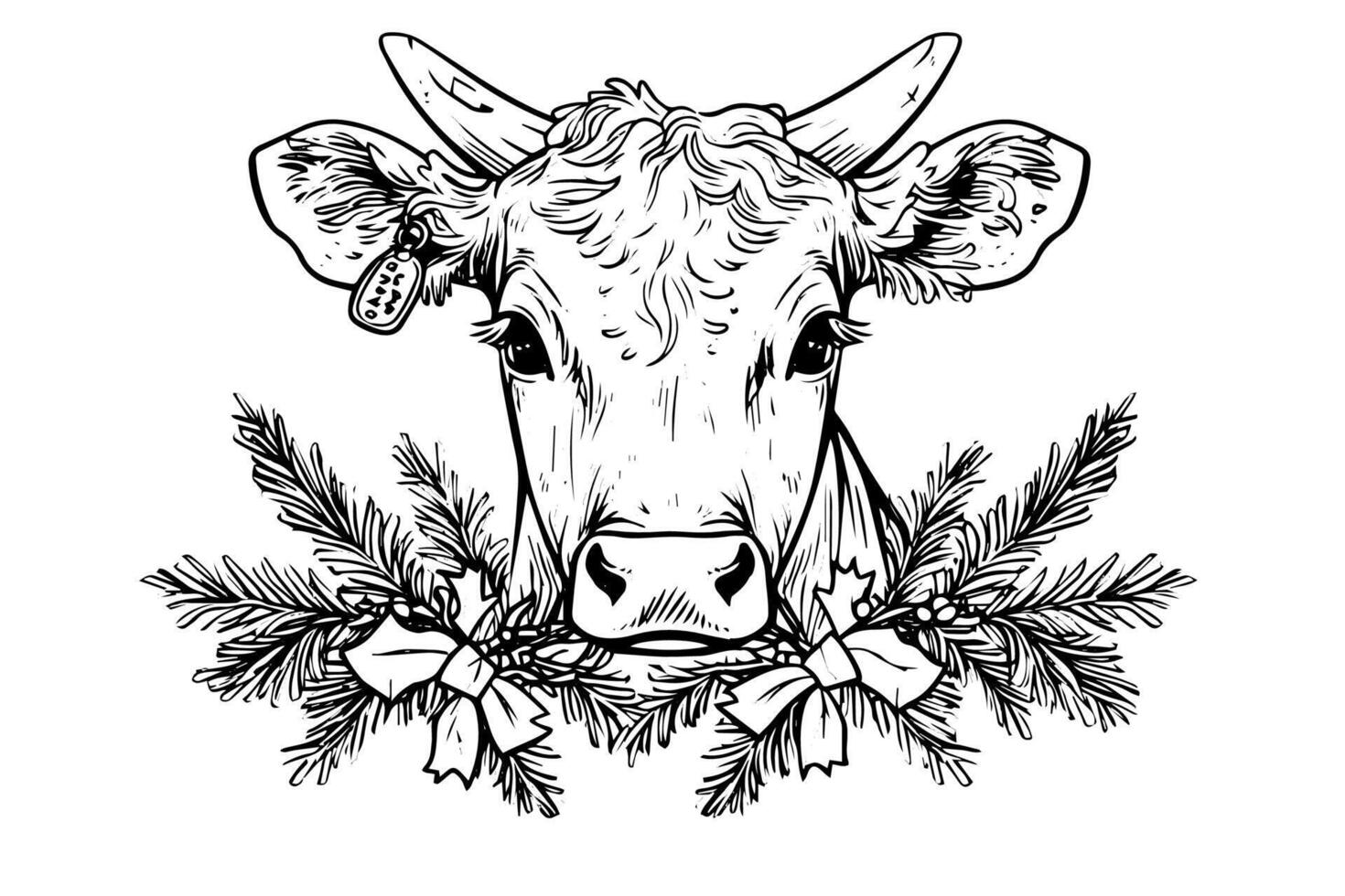 Cow with a wreath hand drawn ink sketch. Engraved style illustration. vector