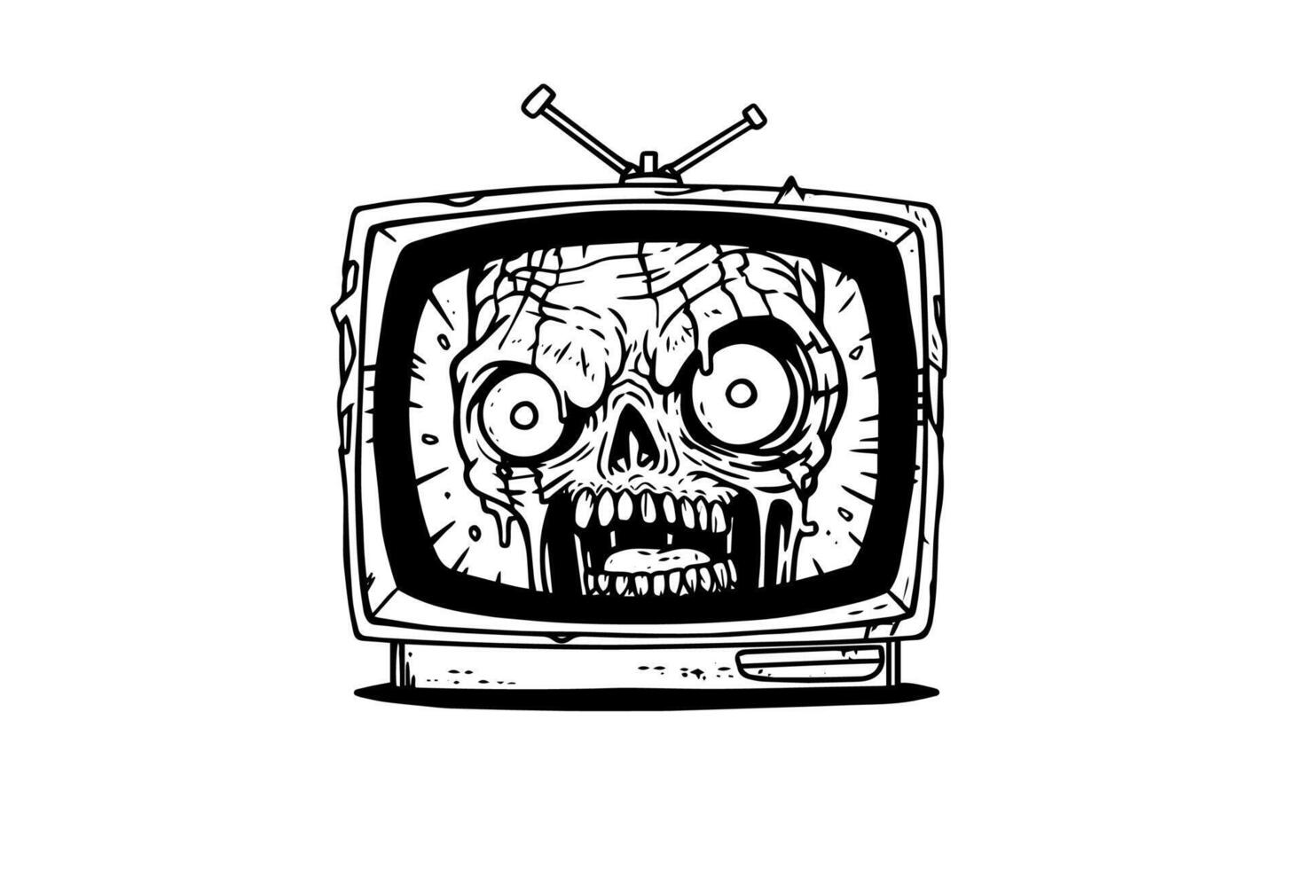 Zombie TV box hand drawn ink sketch. Engraving style illustration. vector