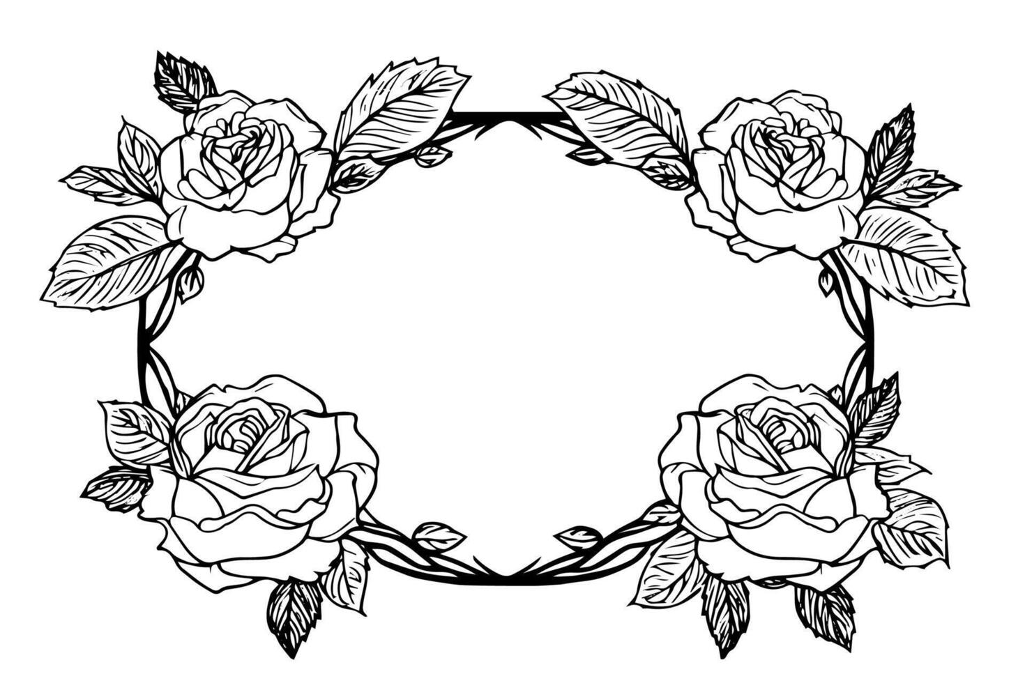 Roses frame. Vintage simple line art. Hand drawn ink sketch. Engraving illustration. vector