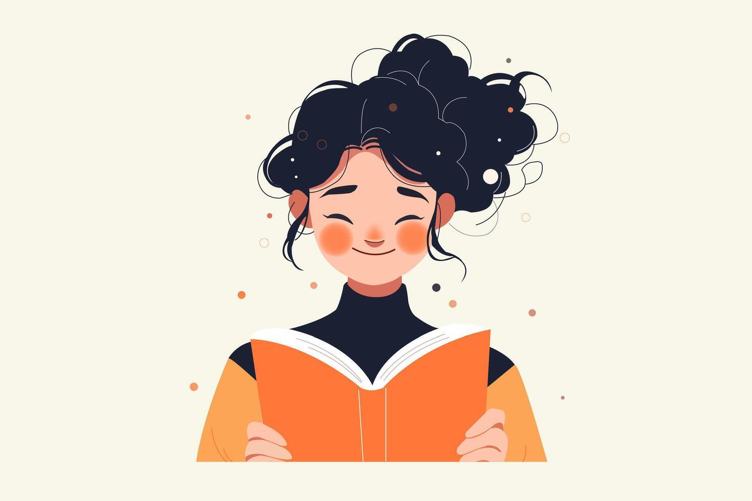 Young girl reading a book. Modern flat illustration. Young student with open book studying for exam. Love to read. vector