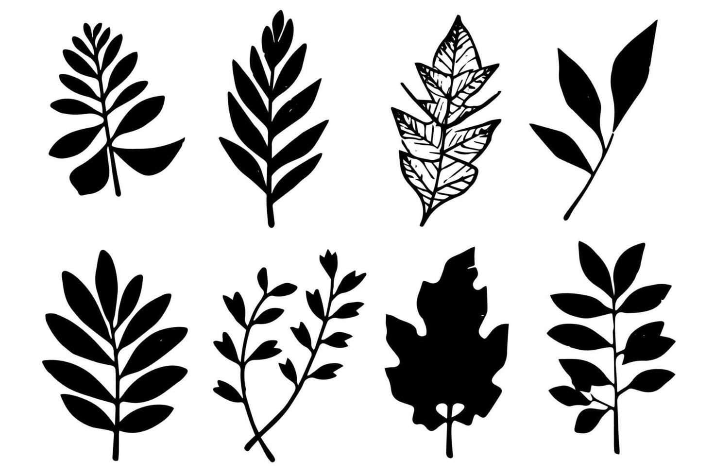 Set of lino cut stamp black leaves and branch imprints on white background. Hand drawn floral elements. vector