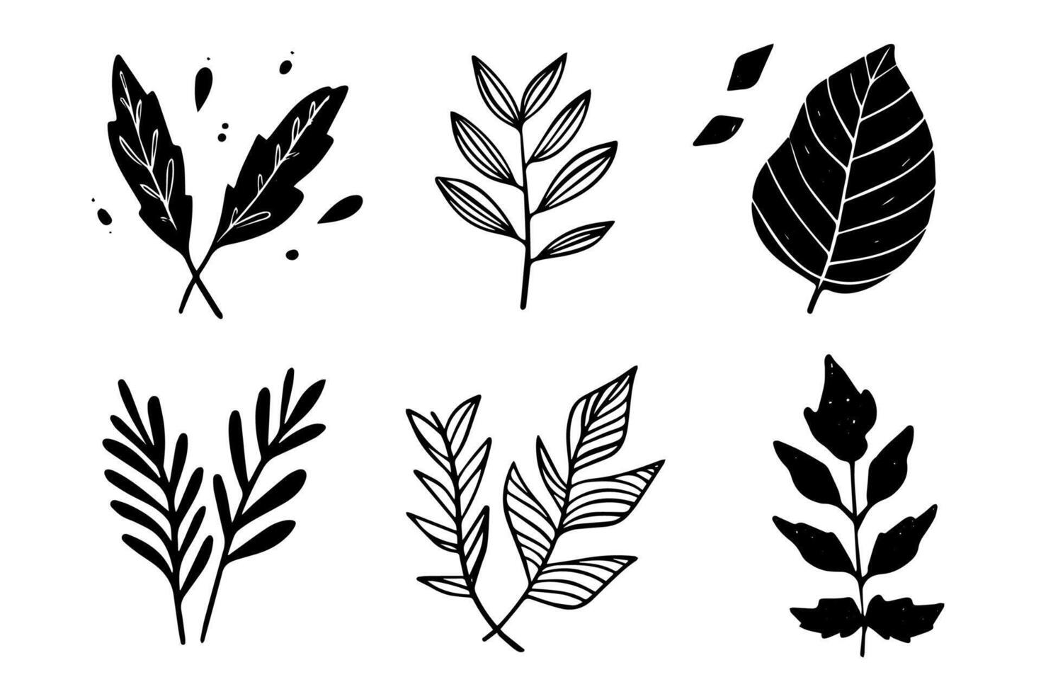 Set of lino cut stamp black leaves and branch imprints on white background. Hand drawn floral elements. vector