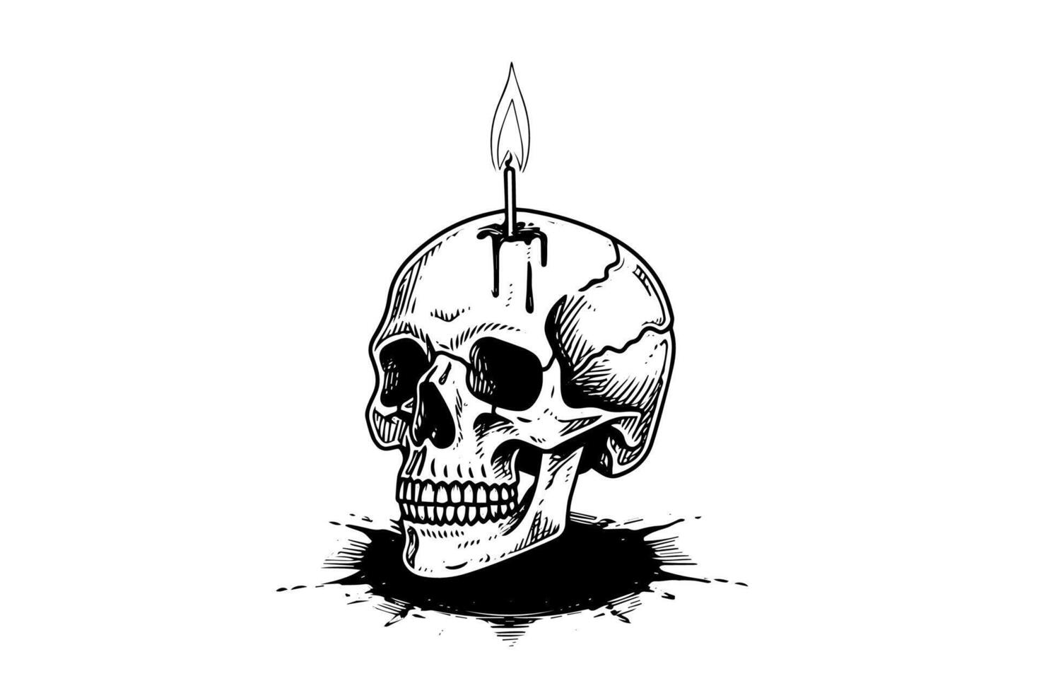 Scull with candle hand drawn ink sketch. Engraved style illustration. vector