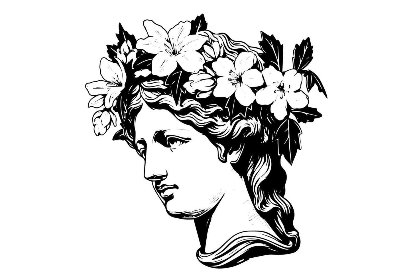 Statue head of greek sculpture hand drawn engraving style sketch. illustration. Image for print, tattoo, and your design. vector