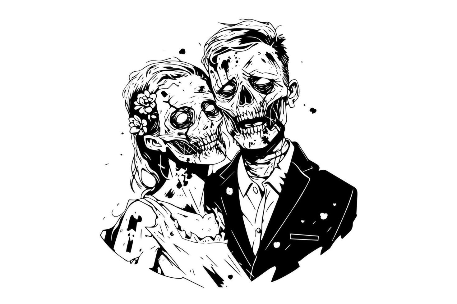 Zombie love match pair hand drawn ink sketch. Woman and man zombies. Engraved style illustration. vector