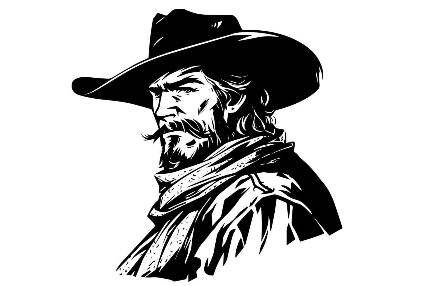 Cowboy sheriff bust or head on hat in engraving style. Hand drawn ink sketch. illustration. vector