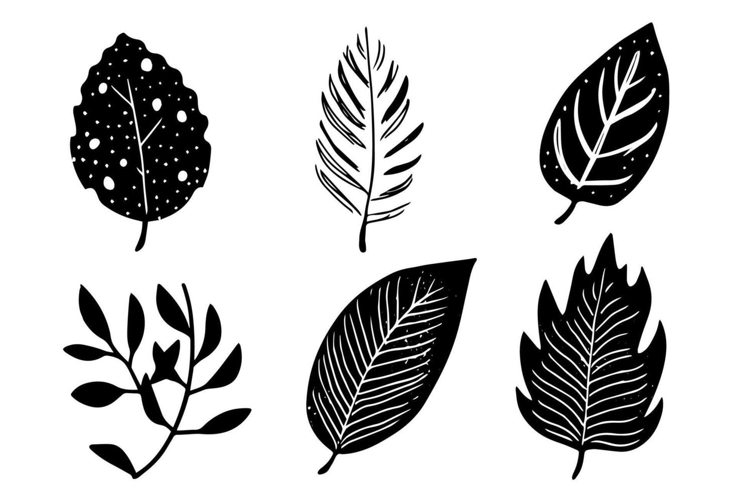 Set of lino cut stamp black leaves and branch imprints on white background. Hand drawn floral elements. vector