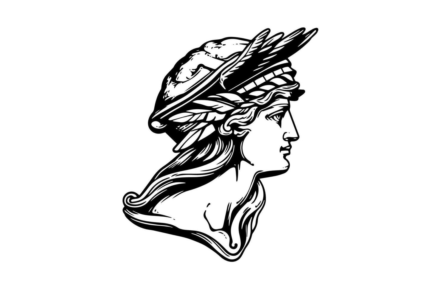 Hermes head hand drawn ink sketch. Engraved style illustration. vector