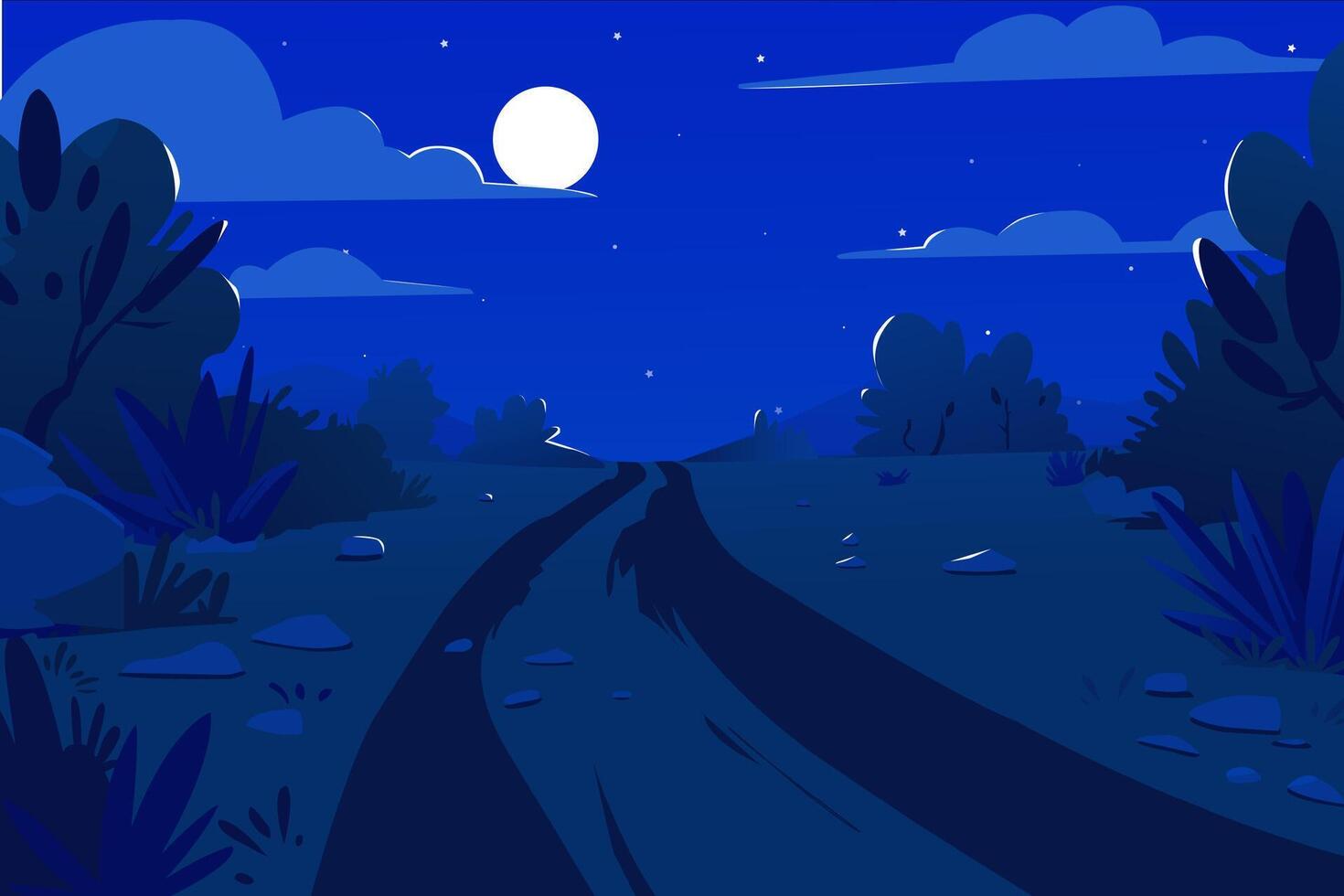 illustration of desert night landscape with road, in cartoon flat style. vector