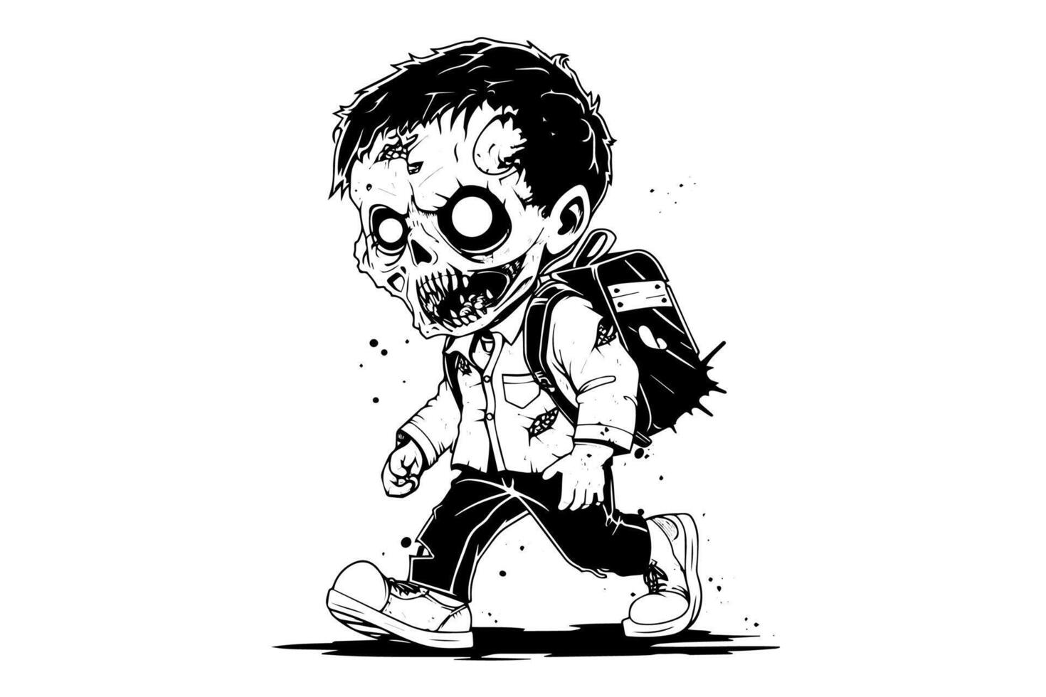 Zombie with a backpack hand drawn ink sketch. illustration in engraving style. vector