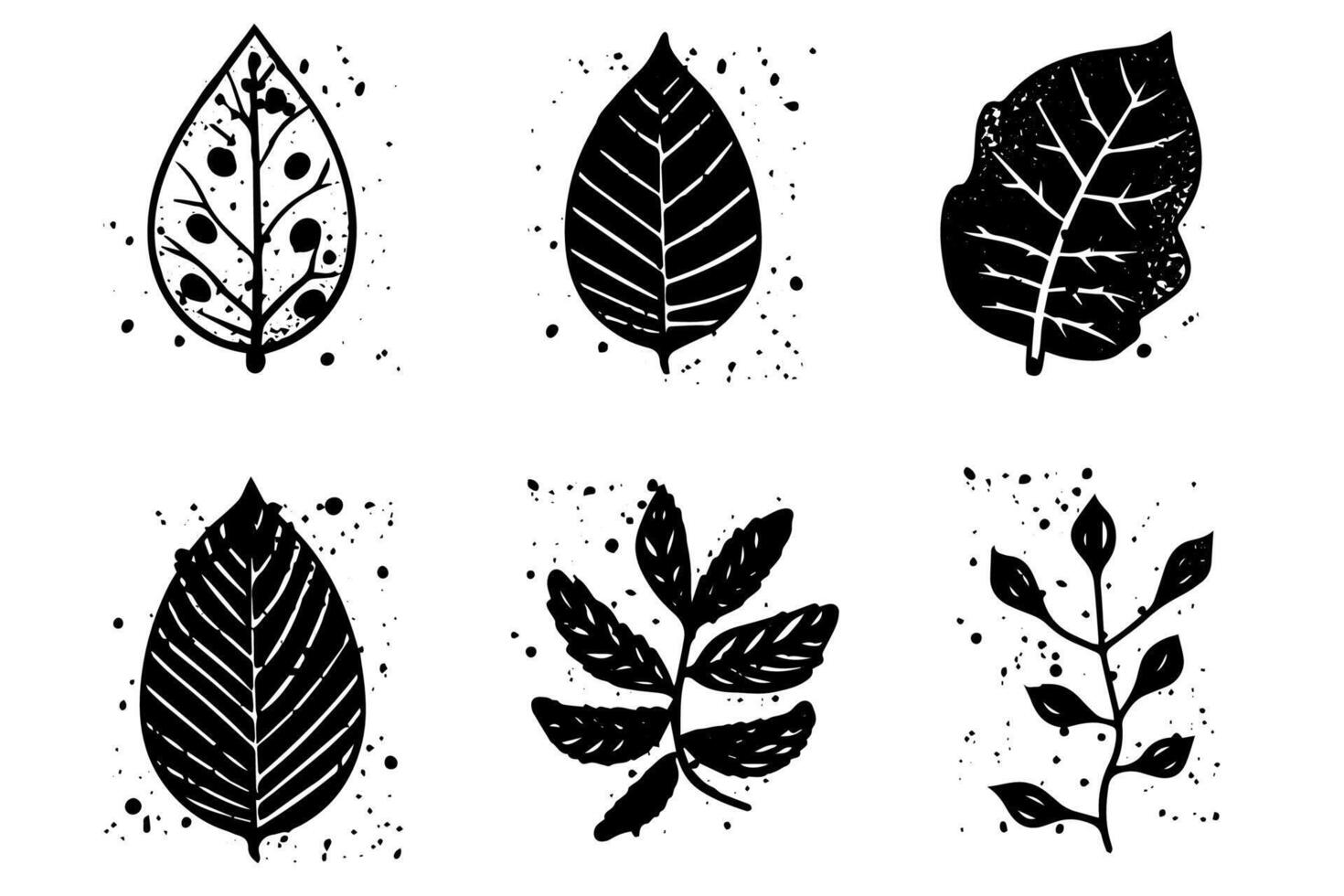 Set of lino cut stamp black leaves and branch imprints on white background. Hand drawn floral elements. vector