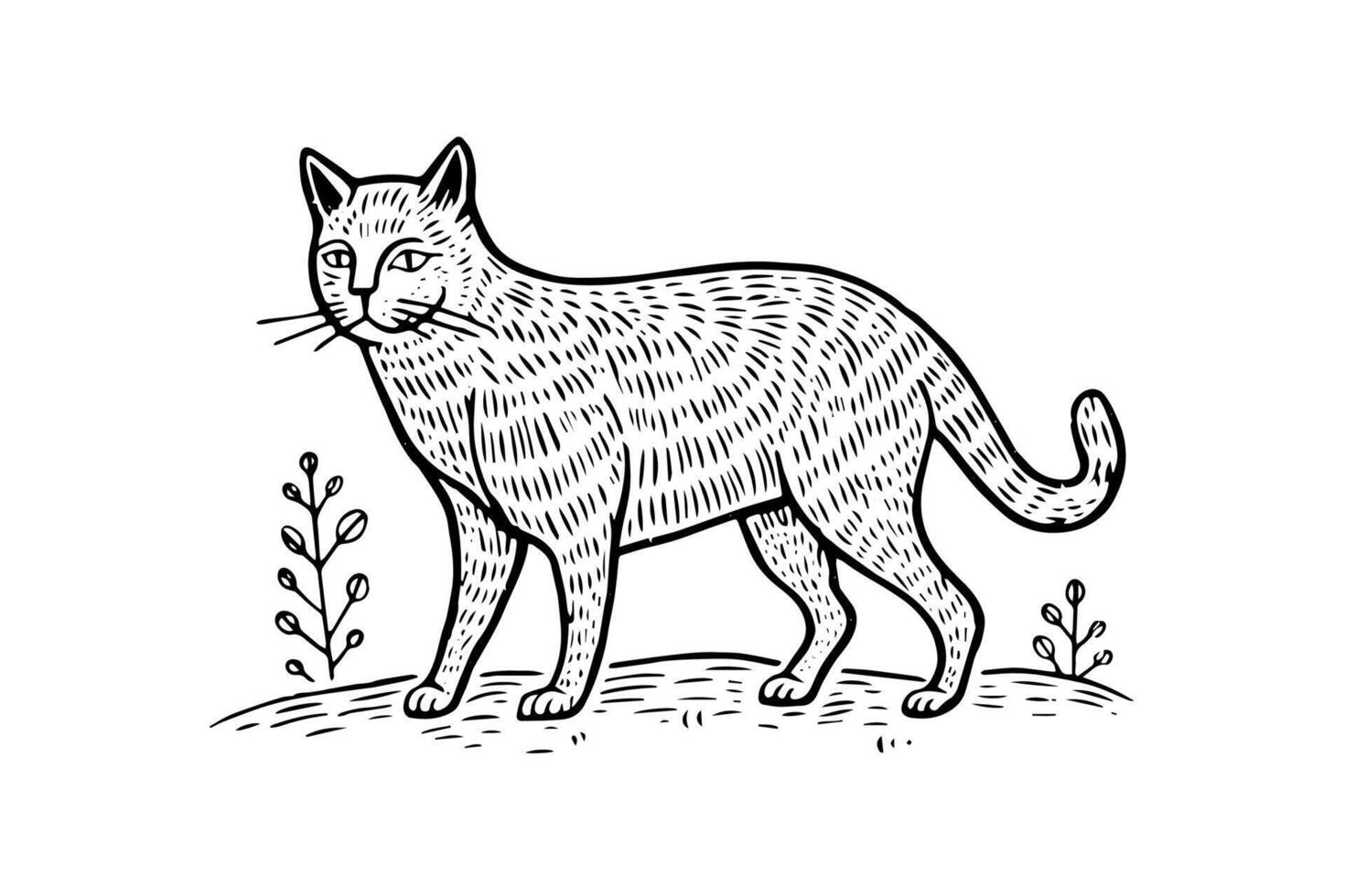 Vintage Cat Sketch Hand-Drawn Illustration of a Furry Friend. vector