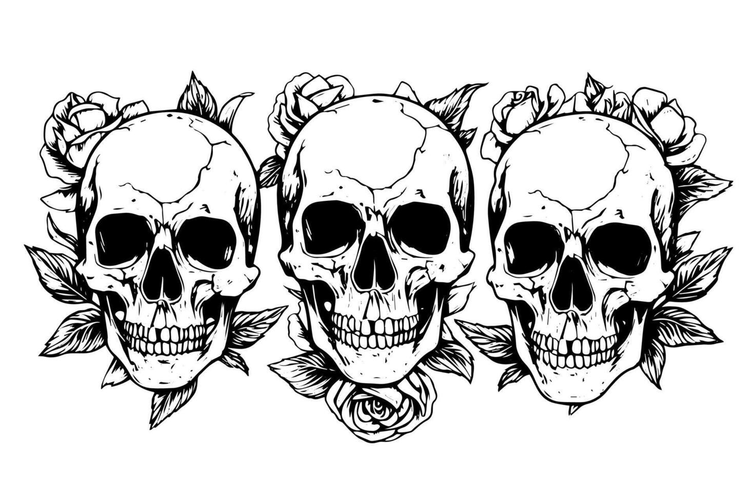 Skull with roses hand drawn ink sketch. Engraved style illustration. vector