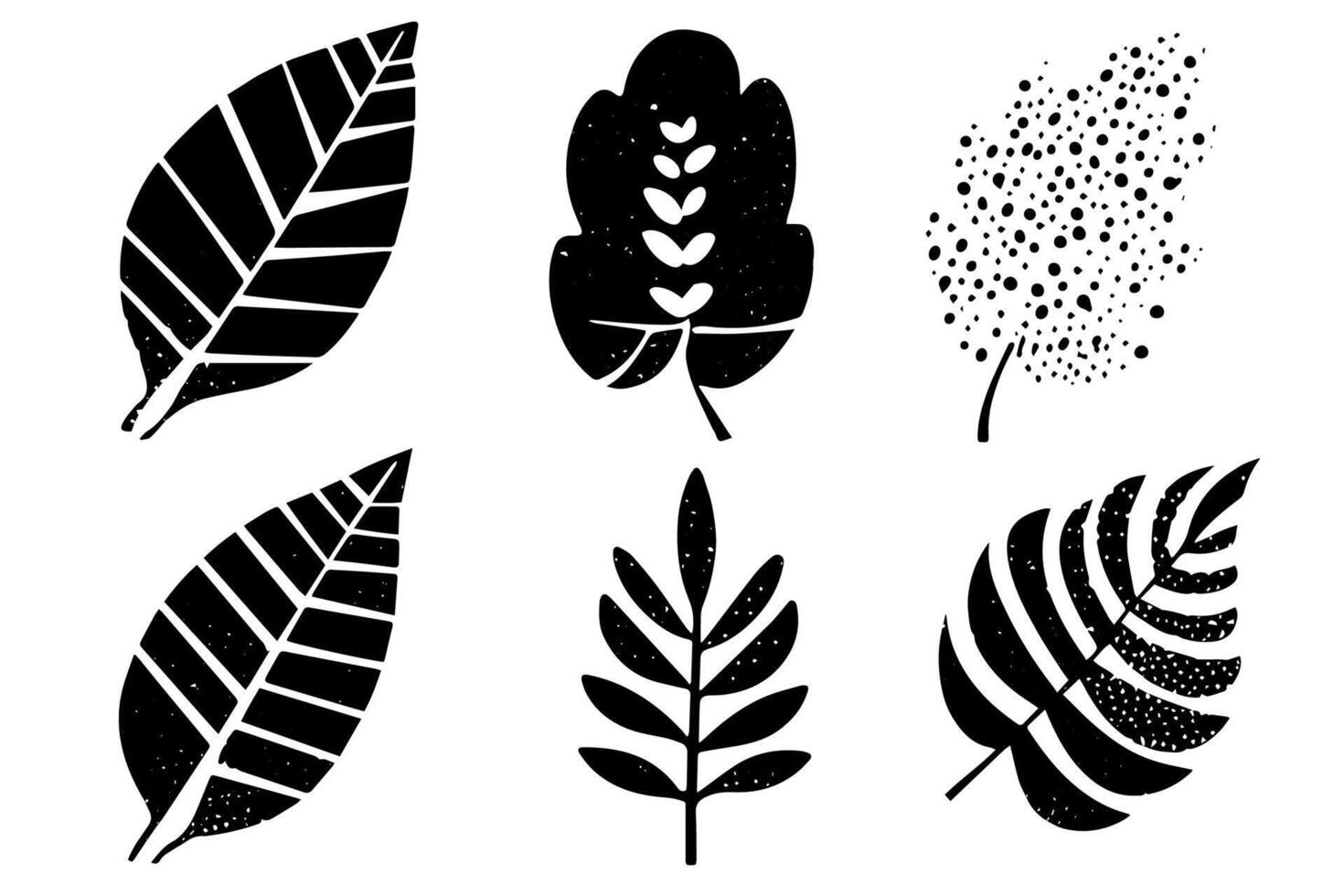 Set of lino cut stamp black leaves and branch imprints on white background. Hand drawn floral elements. vector