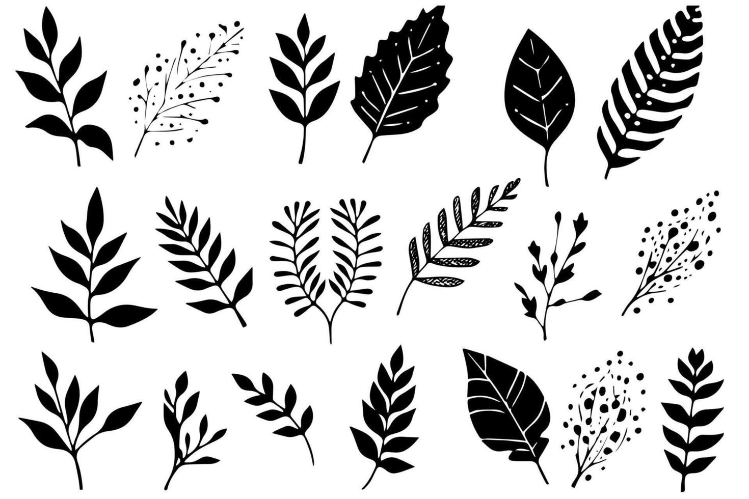 Set of lino cut stamp black leaves and branch imprints on white background. Hand drawn floral elements. vector
