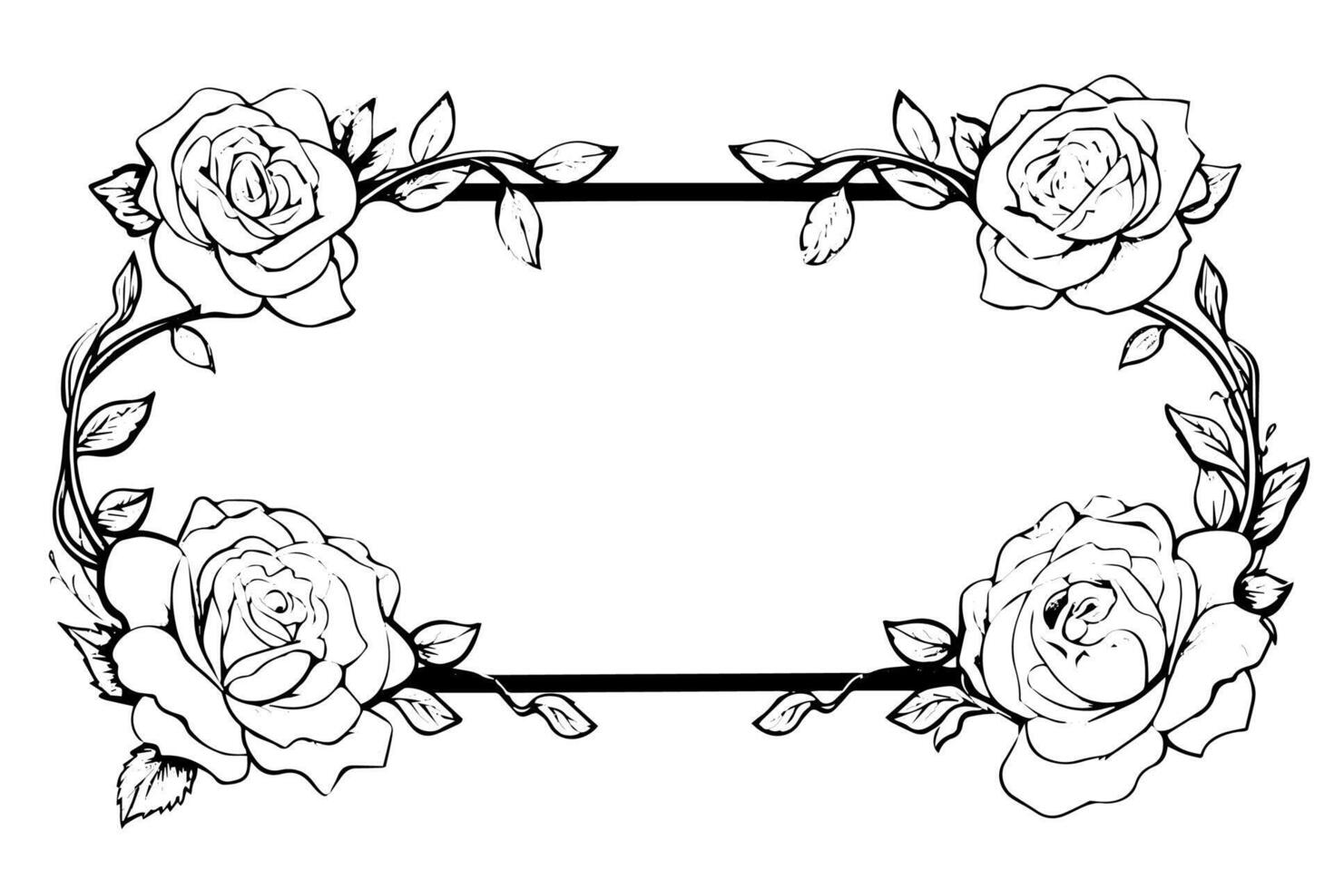 Vintage Floral Frame Hand-Drawn Rose Border in Simple Black and White Illustration. vector