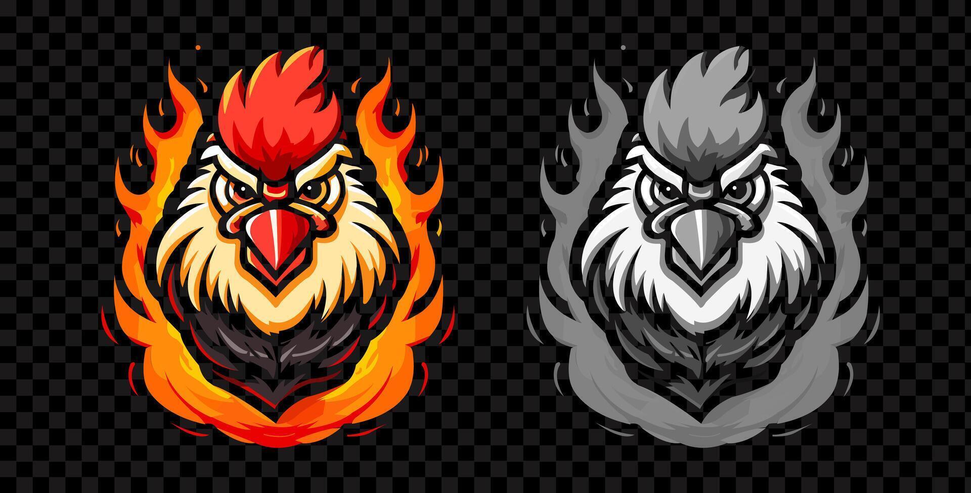 Hot spicy chicken logo design. Rooster mascot. Emblem with chicken head in flames. vector