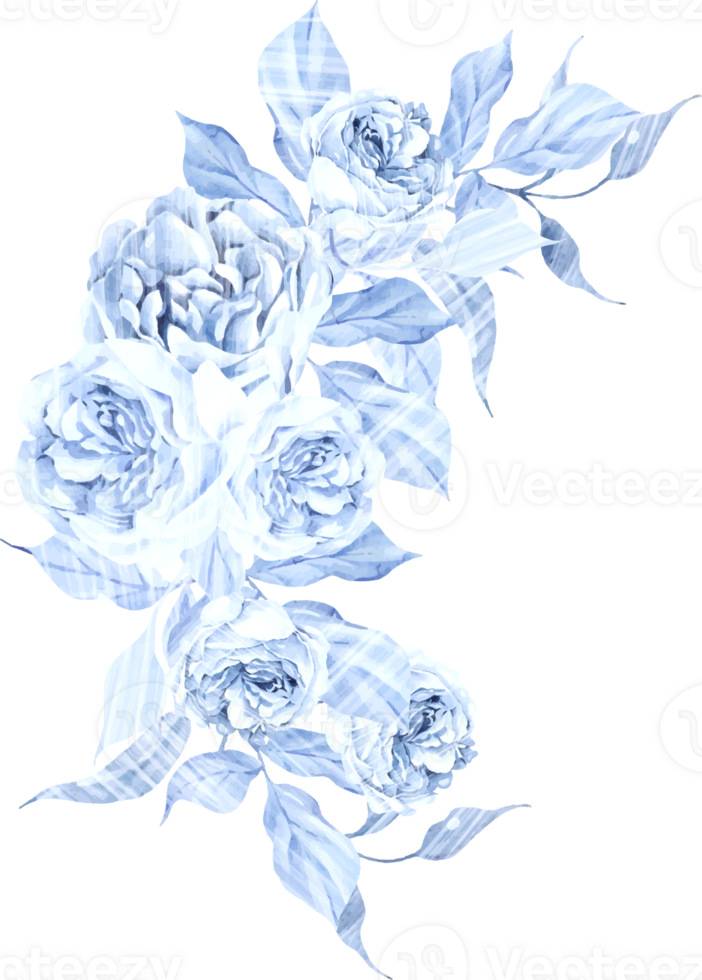 Watercolor wedding bouquet with tender blue roses flower and leaves. png