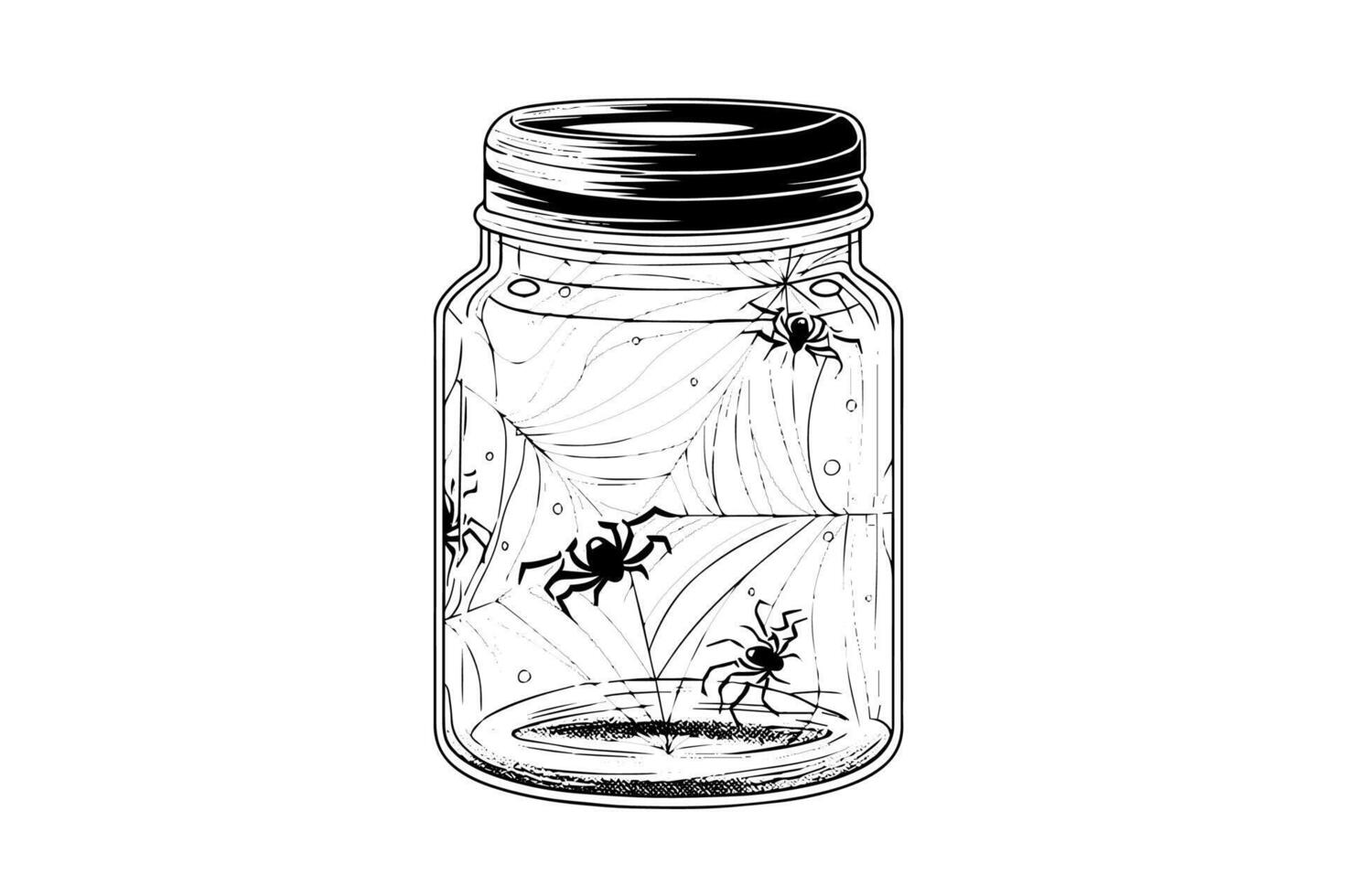 Jar with spider hand drawn ink sketch. Engraved illistration. vector