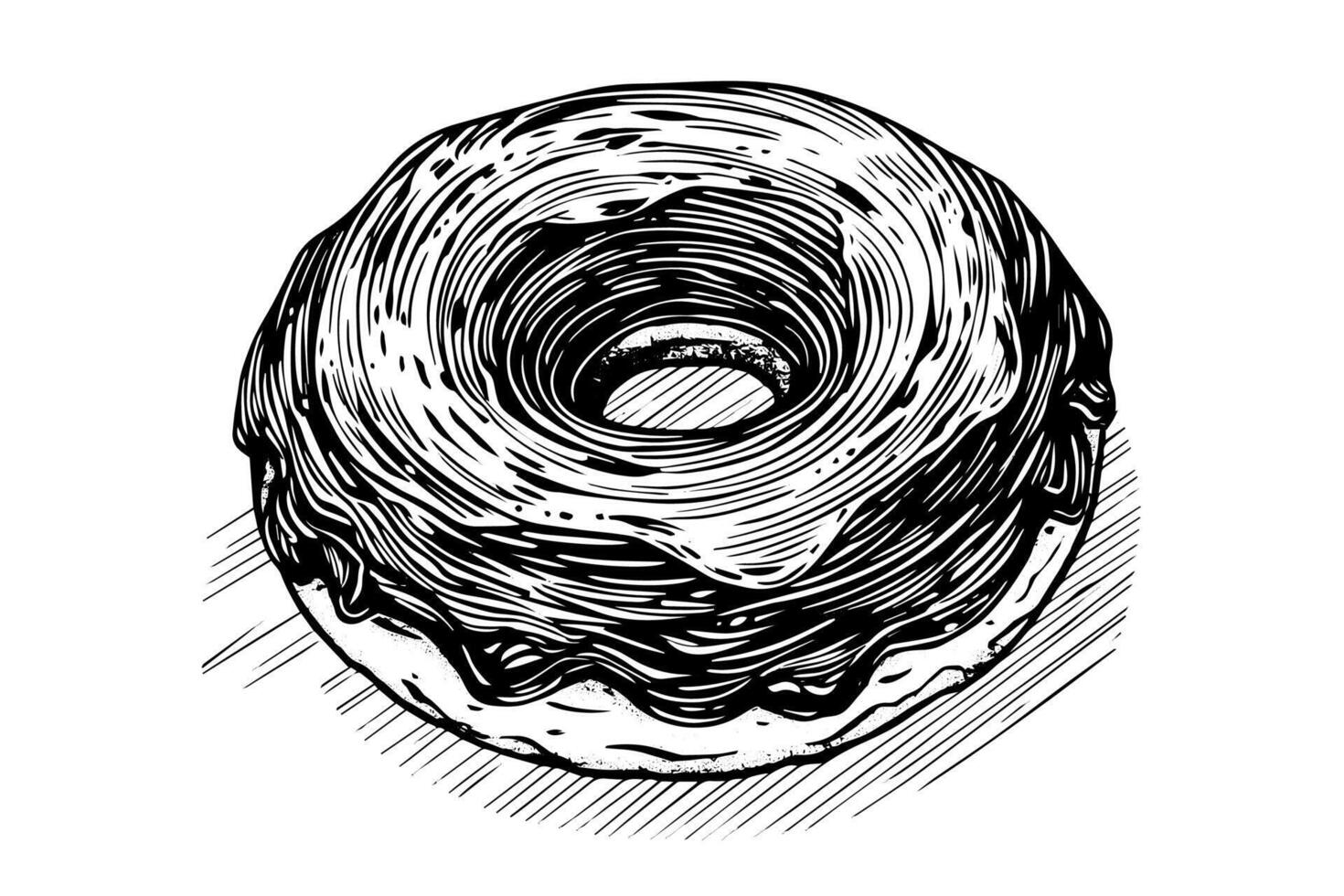 Tasty chocolate donut engraving style. Hand drawn ink sketch illustration. vector