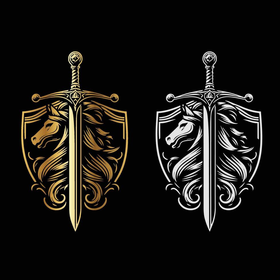 ornimental sward with horse and shield gold and white illustration vector