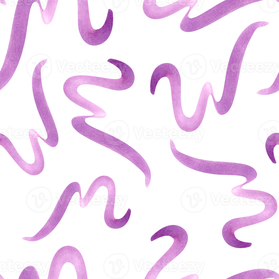 Native geometric curves. Flying wavy lines. Purple squiggles seamless pattern. Abstract brush strokes in dopamine color. Scribble for party, birthday package. Watercolor illustration png