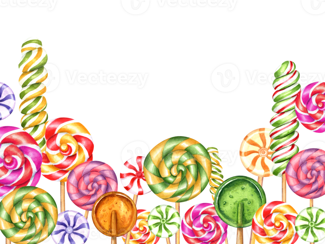 Mix colorful lollipops. Spiral lollipop, circle candies, bonbons with striped swirls, sugar caramel on stick. Horizontal frame with empty space space for text. Watercolor illustration for greeting png