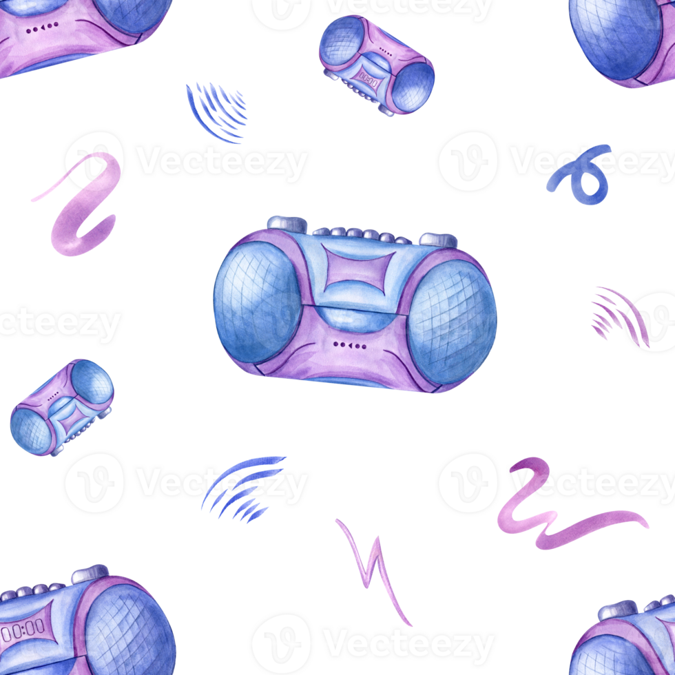 Cassette players in non digital 90s style. Blue purple tape recorder. Seamless nostalgia pattern. Button stereo gadget among flying abstract line doodle. Watercolor illustration for package, textile png