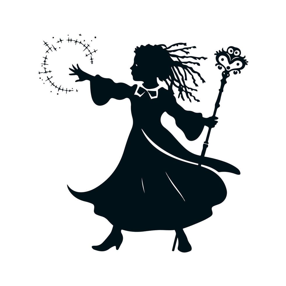 The black silhouette of a magician's girl, she stands with her arm outstretched forming magic and a beautiful staff in the other, her hair is dreadlocks fluttering in the wind. Black 2D vector