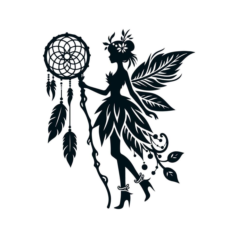 A black silhouette of a fairy girl, she is a forest sorceress with a dreamcatcher staff in a dress made of leaves and shoes with a twisted toe, she has a slender figure. 2d Black vector