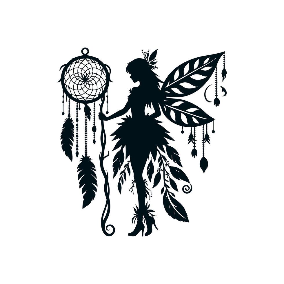 A black silhouette of a fairy girl, she is a forest sorceress with a dreamcatcher staff in a dress made of leaves and shoes with a twisted toe, she has a slender figure. 2d Black vector