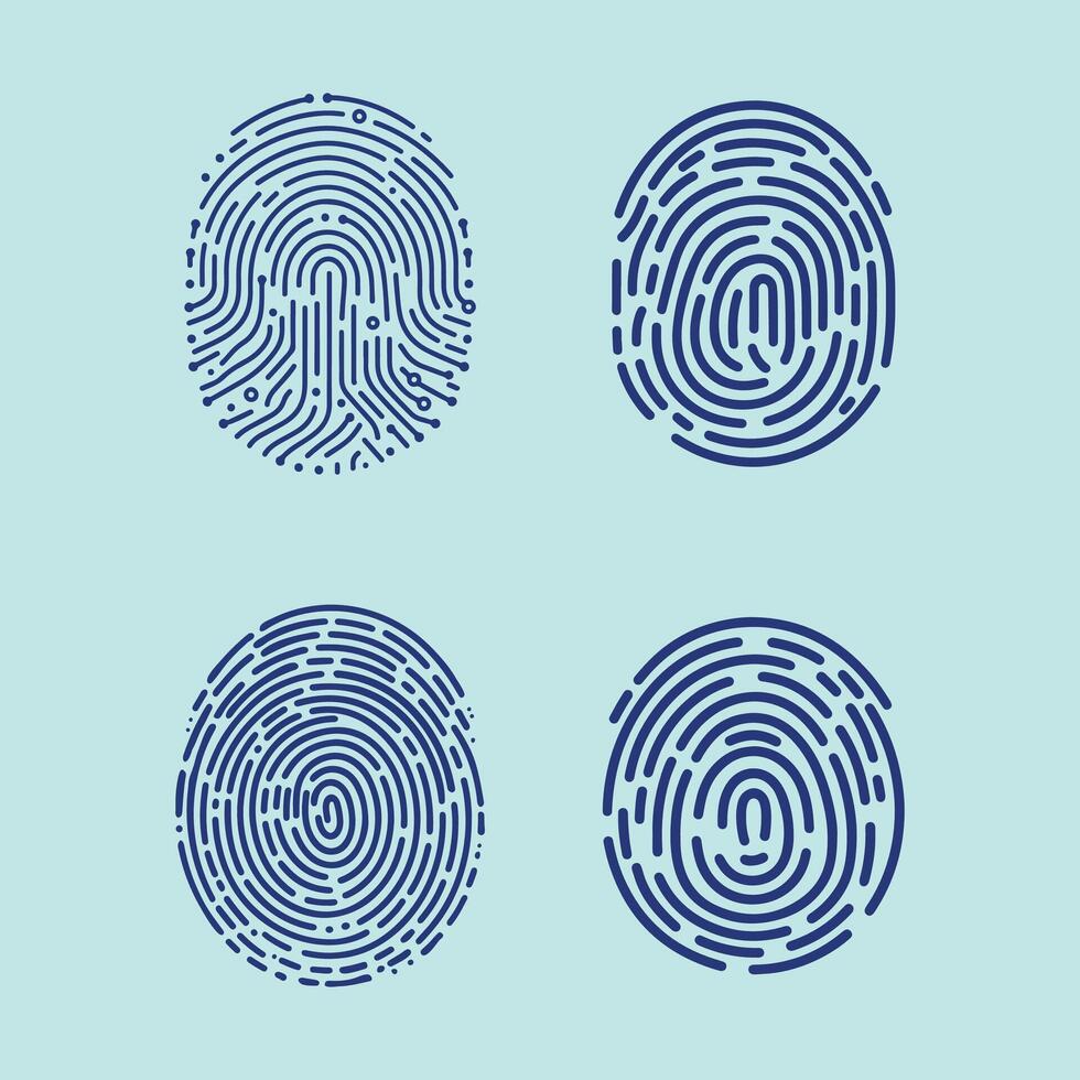 User finger scan icon set. Fingerprint touch biometric id symbol. Modern account thumbprint identification security sign collection. User recognition scanner badge vector