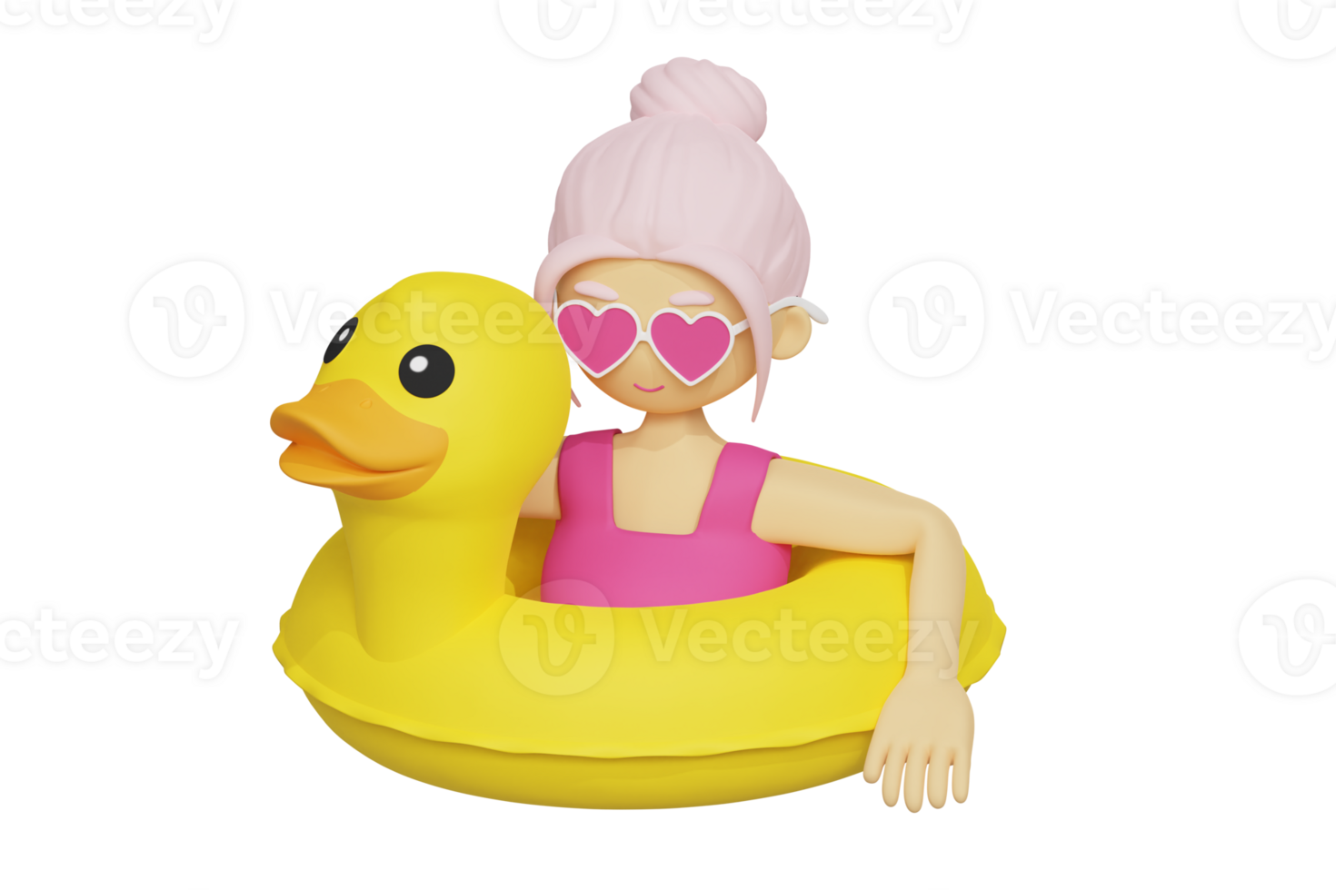 Cartoon cute female character in the heart shaped glasses swimming on inflatable yellow duck pool ring 3d rendered icon isolated png