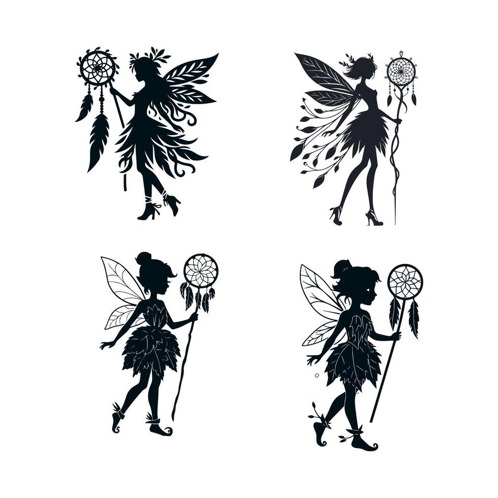 A black silhouette of a fairy girl, she is a forest sorceress with a dreamcatcher staff in a dress made of leaves and shoes with a twisted toe, she has a slender figure. 2d Black Set vector
