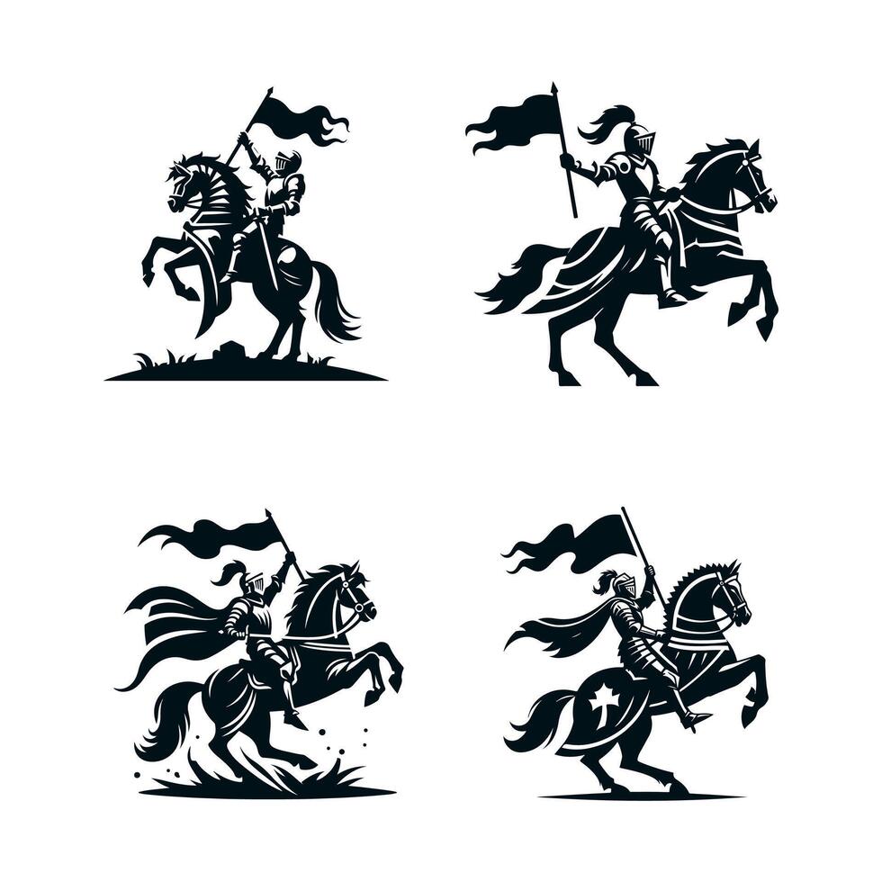 A black silhouette of a knight in a helmet in plate armor riding a horse victoriously waving with one hand and holding a flag fluttering in the wind in the other. 2d Black art Set vector