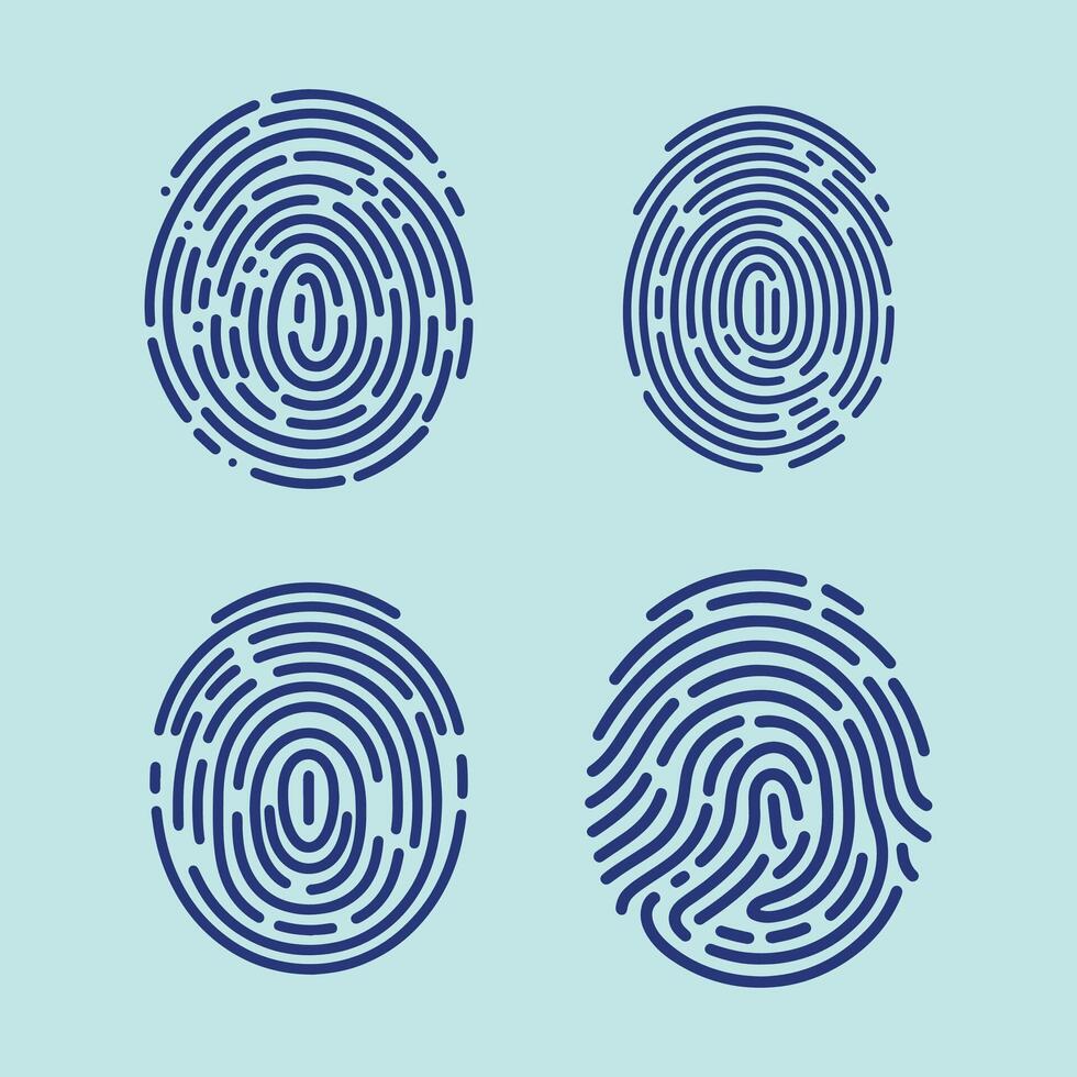 User finger scan icon set. Fingerprint touch biometric id symbol. Modern account thumbprint identification security sign collection. User recognition scanner badge vector
