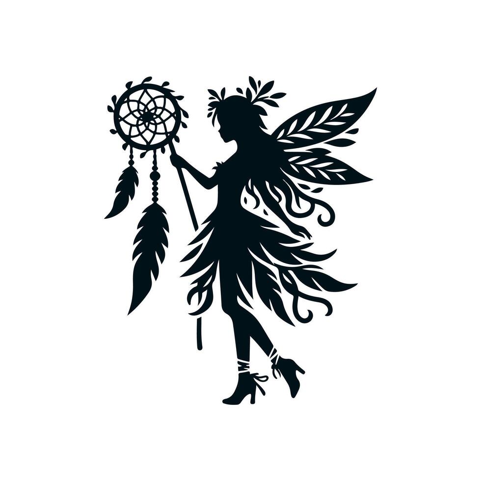 A black silhouette of a fairy girl, she is a forest sorceress with a dreamcatcher staff in a dress made of leaves and shoes with a twisted toe, she has a slender figure. 2d Black vector