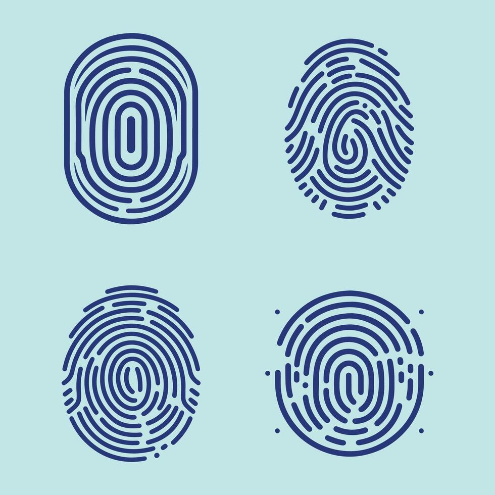User finger scan icon set. Fingerprint touch biometric id symbol. Modern account thumbprint identification security sign collection. User recognition scanner badge vector