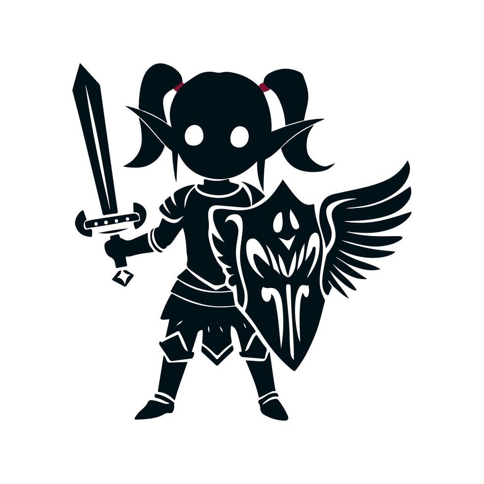 A black silhouette of a knight girl with a totem sword and a beautiful winged shield, she is a young elf in plate armor with long pointed ears and pigtails. white background vector