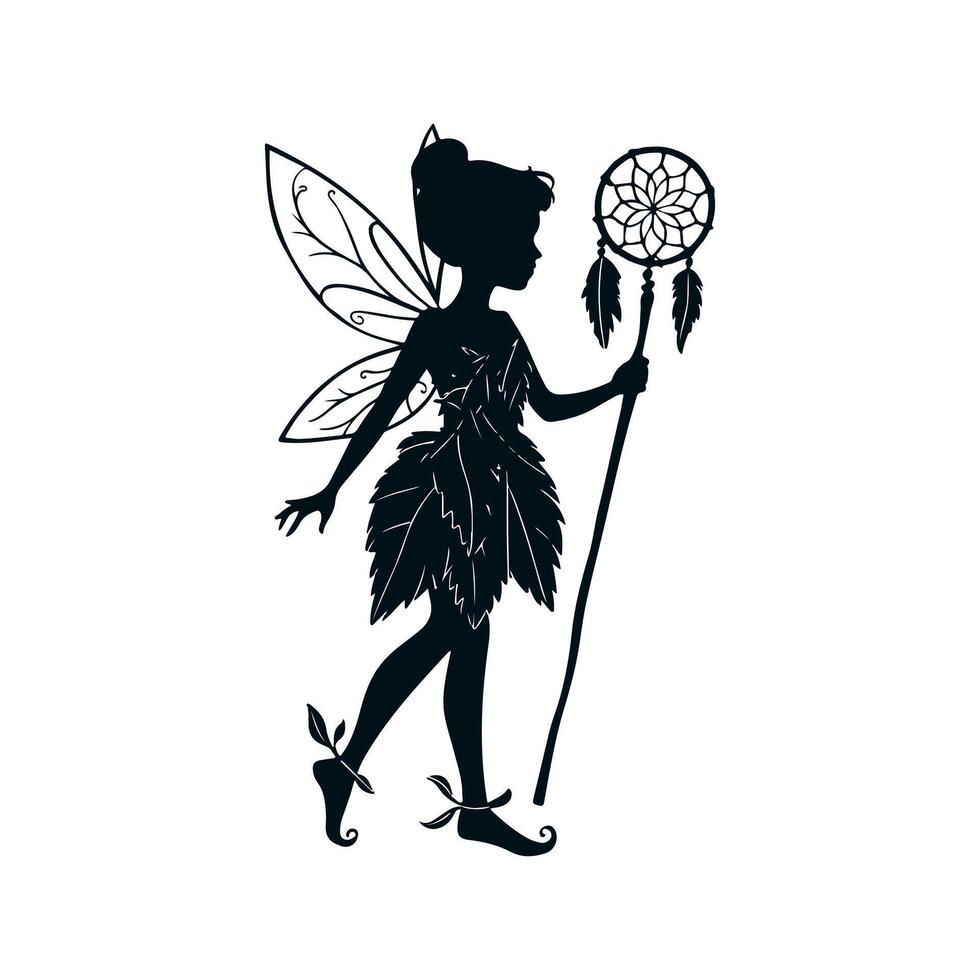 A black silhouette of a fairy girl, she is a forest sorceress with a dreamcatcher staff in a dress made of leaves and shoes with a twisted toe, she has a slender figure. 2d Black vector
