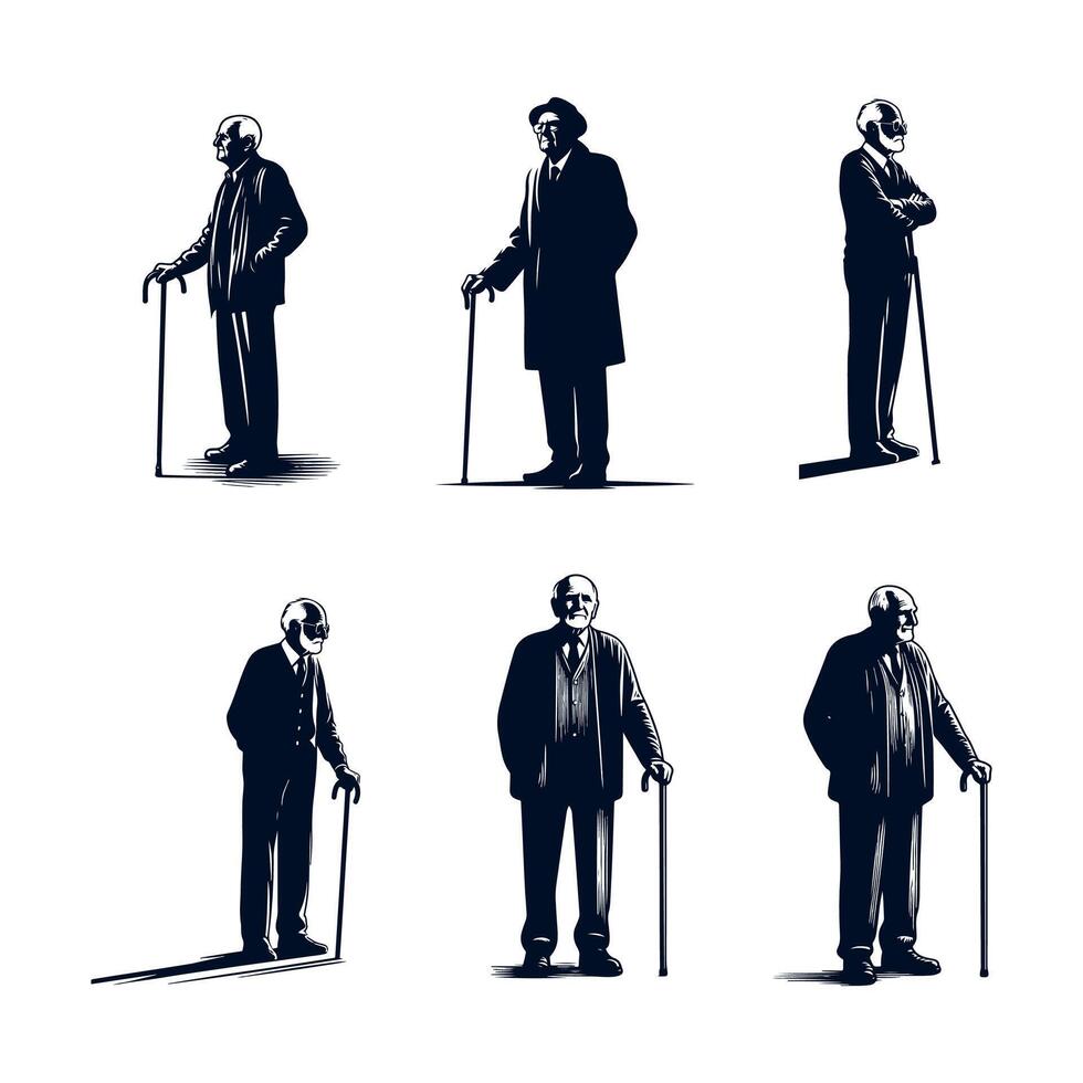 Elderly man standing with cane silhouette illustration. Old man pose silhouette in black color. father day Use. Pro Vecto Set vector