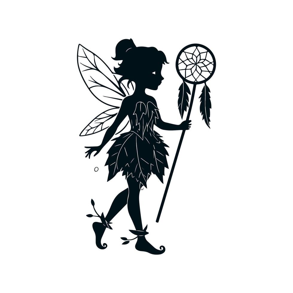 A black silhouette of a fairy girl, she is a forest sorceress with a dreamcatcher staff in a dress made of leaves and shoes with a twisted toe, she has a slender figure. 2d Black vector