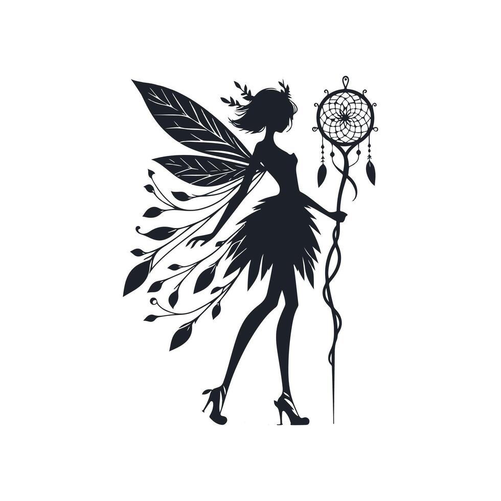 A black silhouette of a fairy girl, she is a forest sorceress with a dreamcatcher staff in a dress made of leaves and shoes with a twisted toe, she has a slender figure. 2d Black vector