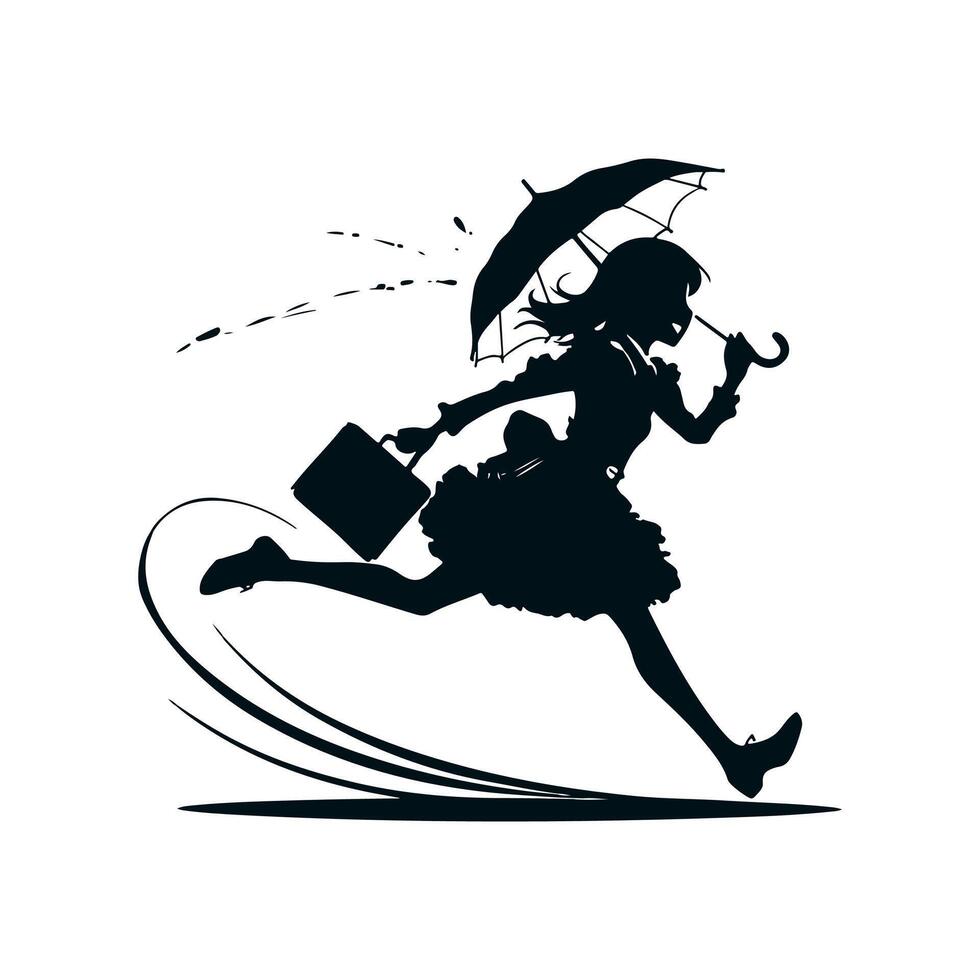 A black silhouette with a cheerful girl in a fluffy dress with a briefcase and an umbrella, she runs as if hovering with unprecedented ease in a dynamic pose. 2d Black vector