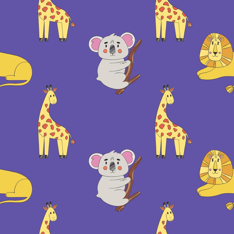 Safari animals pattern, summer kids print. Cute african animals. Giraffe, lion, koala. vector