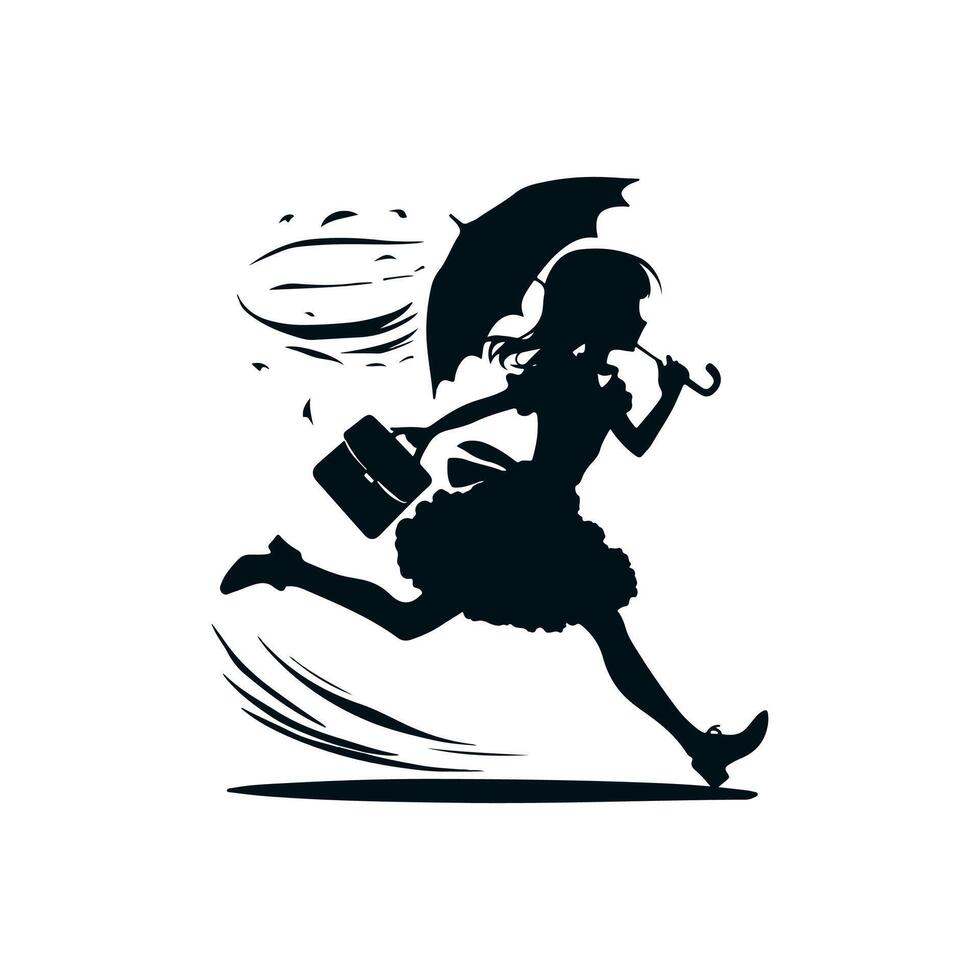A black silhouette with a cheerful girl in a fluffy dress with a briefcase and an umbrella, she runs as if hovering with unprecedented ease in a dynamic pose. 2d Black vector