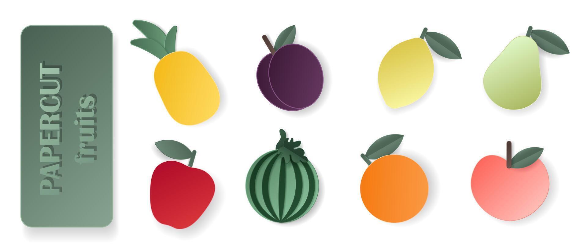 Set of 3d papercut set of diverse fruits and berries. Summer layered fruits. Juicy food elements for restaurant, food, drinks, bars, recipes, summer, sweets, vegan, social media, presentation design. vector