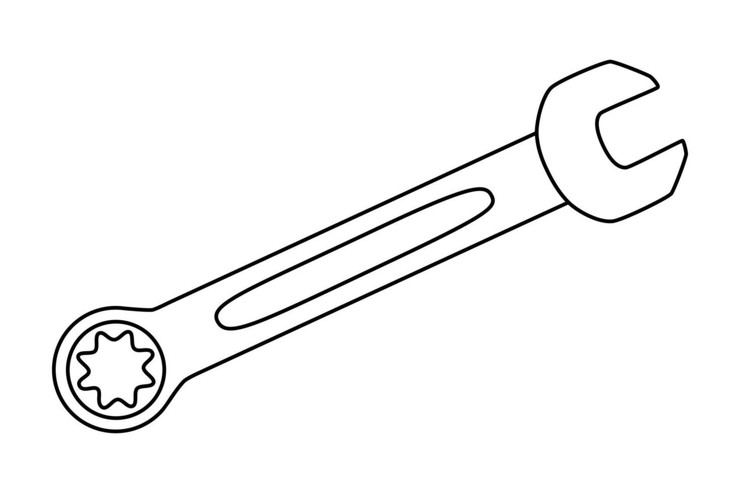 Hand drawn cute outline illustration of ratcheting wrench or spanner instrument. Flat repair tool in line art doodle style. Support service hardware icon. Settings or fix problem. Isolated. vector
